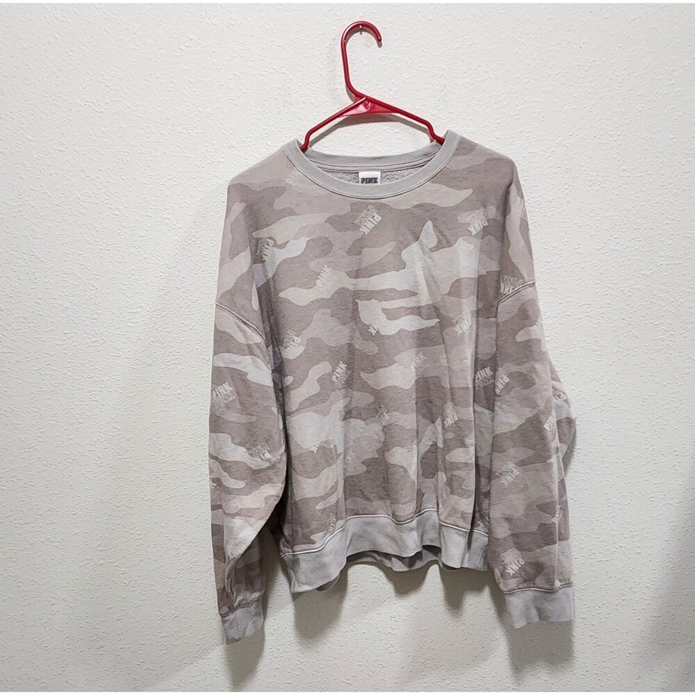 Pink Victoria Secret PULLOVER Allover Logo Sweatshirt Camo Workout Utility Sz L